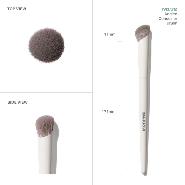 M132 Angled Concealer Brush infographic showing TOP VIEW, SIDE VIEW, and full brush with MORPHE handle; 11mm head width, 171mm total length.