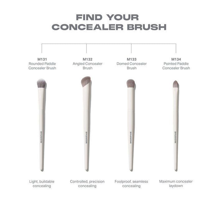 M132 Angled Concealer Brush in a Morphe family infographic titled "FIND YOUR CONCEALER BRUSH" alongside M131 Rounded Paddle Concealer Brush, M133 Domed Concealer Brush, and M134 Pointed Paddle Concealer Brush; M132 caption: Controlled, precision concealing.