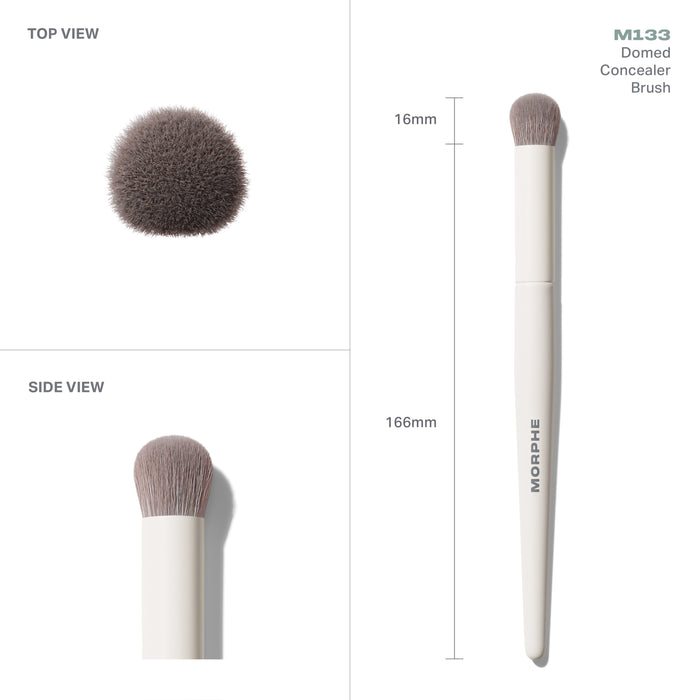 M133 Domed Concealer Brush infographic showing TOP VIEW, SIDE VIEW, and full-length profile on MORPHE handle with 16mm head and 166mm length callouts.