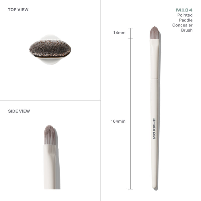 M134 Pointed Paddle Concealer Brush technical views with dimensions. Embedded text: "TOP VIEW SIDE VIEW M134 Pointed Paddle Concealer Brush 14mm 164mm MORPHE"