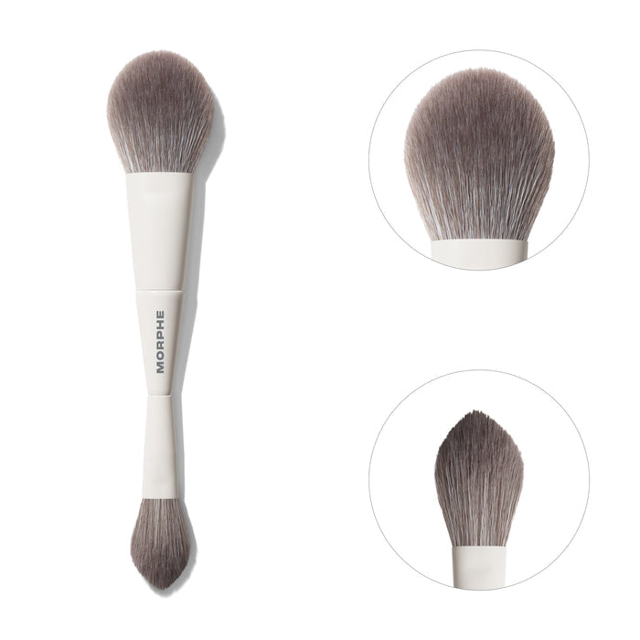 Morphe M160 Dual-Ended Powder Brush with close-up details of the fluffy powder head and tapered sculpting head.