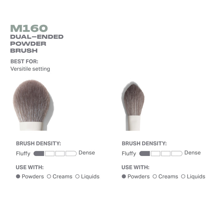 M160 Dual-Ended Powder Brush features: Best for versatile setting, fluffy density, use with powders, two brush heads shown.