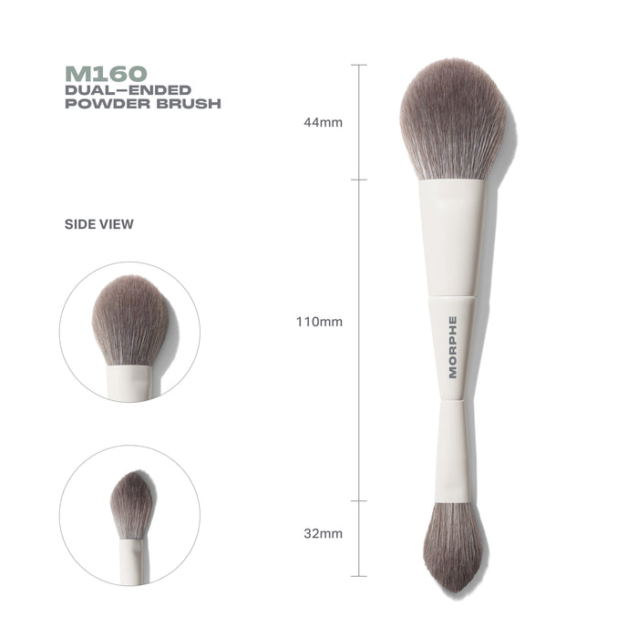 M160 Dual-Ended Powder Brush specs: side view with measurements 44mm head, 110mm handle, 32mm tapered head.
