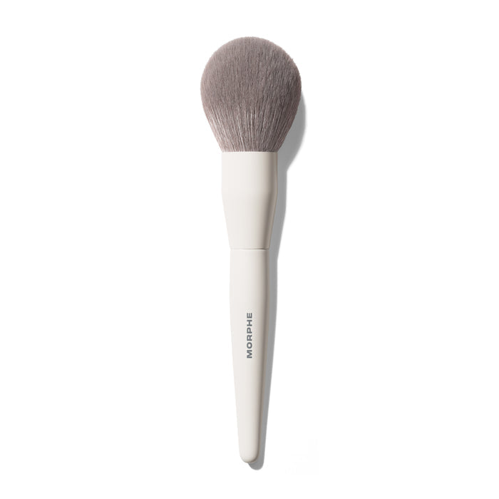 Morphe M161 Large Rounded Powder Brush with cream handle and large rounded gray-taupe synthetic bristles, MORPHE engraved on shaft.