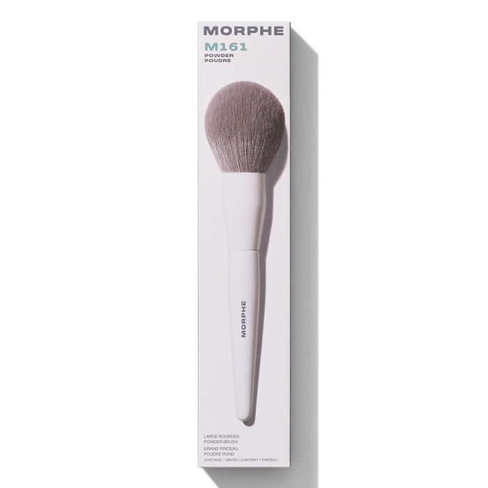 M161 Large Rounded Powder Brush in white retail box. Embedded text: "MORPHE M161 POWDER POUDRE LARGE ROUNDED POWDER BRUSH GRAND PINCEAU POUDRE ROND CONTAINS 1 BRUSH / CONTIENT 1 PINCEAU"