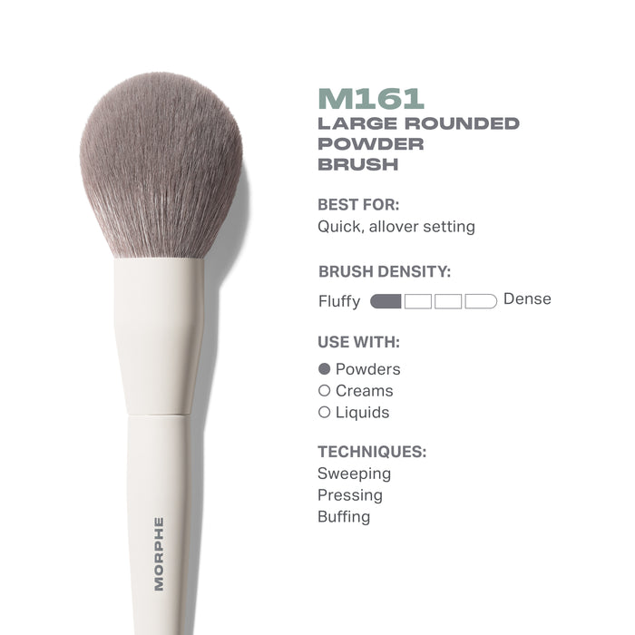 M161 Large Rounded Powder Brush features card. Embedded text: "M161 LARGE ROUNDED POWDER BRUSH BEST FOR: Quick, allover setting BRUSH DENSITY: Fluffy/Dense USE WITH: Powders TECHNIQUES: Sweeping, Pressing, Buffing"