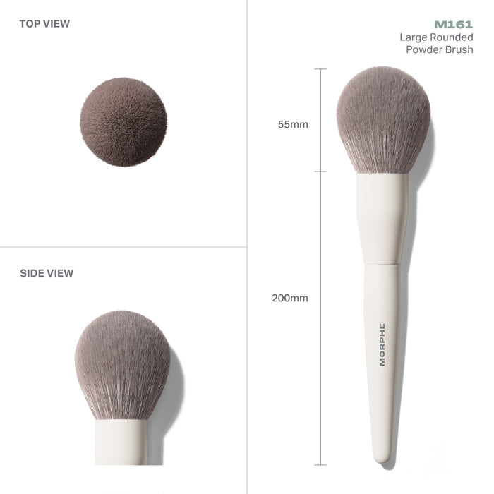 M161 Large Rounded Powder Brush technical views with dimensions. Embedded text: "TOP VIEW SIDE VIEW M161 Large Rounded Powder Brush 55mm 200mm MORPHE"