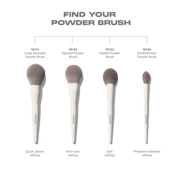 Morphe "FIND YOUR POWDER BRUSH" infographic featuring M161 Large Rounded Powder Brush (Quick, allover setting), M162 Tapered Powder Brush (All-in-one setting), M163 Paddle Powder Brush (Soft setting), and M164 Small Pointed Powder Brush (Precision undereye setting), all with cream handles labeled MORPHE.