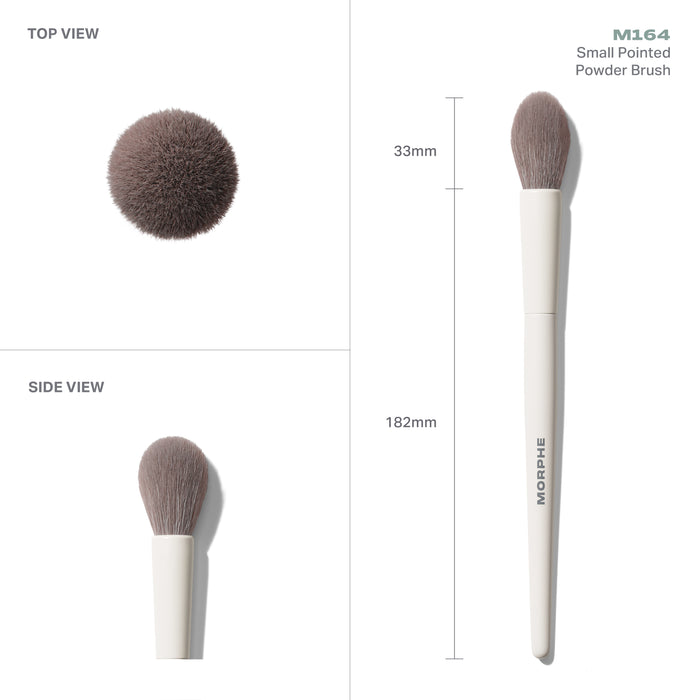 M164 Small Pointed Powder Brush from Morphe in top and side views: 33mm pointed head, 182mm length.
