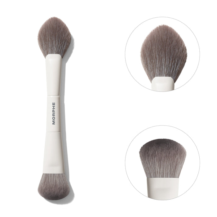 Morphe M200 Dual Ended Blush Brush with white handle engraved "MORPHE," showing close-ups of the tapered powder end and flat cream end.