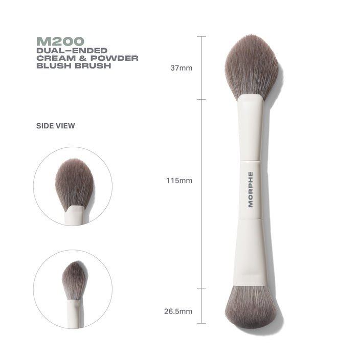 Morphe M200 Dual-Ended Cream & Powder Blush Brush specs showing full brush with MORPHE handle, side views of both ends, and measurements: 37mm top head, 115mm handle, 26.5mm bottom head.