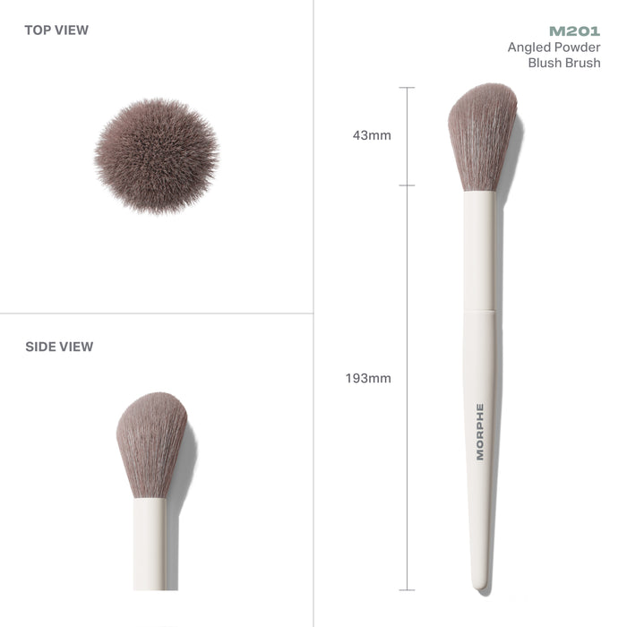 Morphe M201 Angled Powder Blush Brush infographic showing Top View and Side View with measurements: 43mm bristle width, 193mm total length, white handle with taupe bristles.