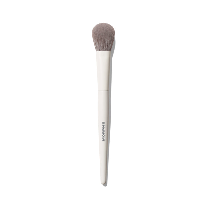 Morphe M202 Slanted Blush Brush with cream handle and angled gray-taupe synthetic bristles, MORPHE engraved on shaft.