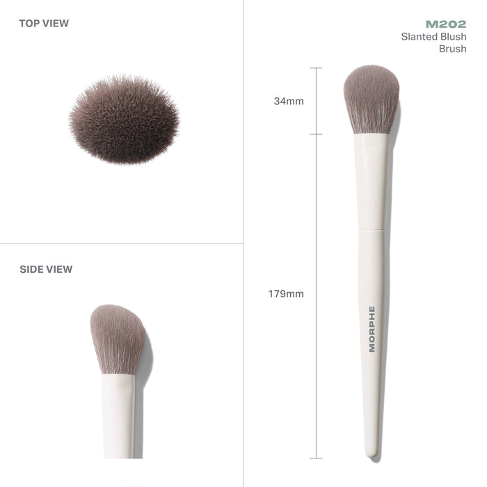 M202 Slanted Blush Brush technical views with dimensions. Embedded text: "TOP VIEW SIDE VIEW M202 Slanted Blush Brush 34mm 179mm MORPHE"