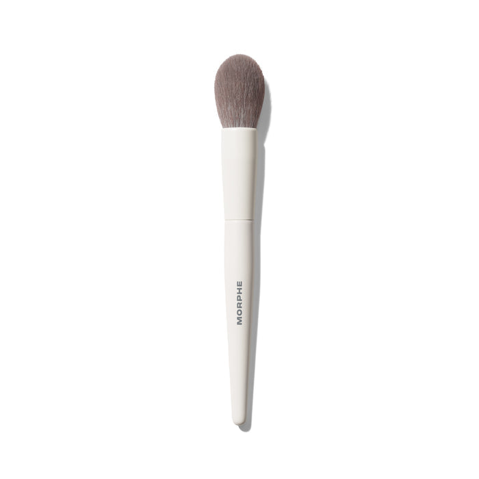Morphe M203 Tapered Powder Blush Brush with soft gray tapered bristles and white handle labeled MORPHE.