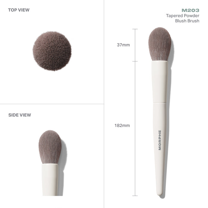 M203 Tapered Powder Blush Brush infographic showing TOP VIEW, SIDE VIEW, and full-length view with cream handle, gray bristles, 37mm head, 182mm total length, and MORPHE handle imprint.