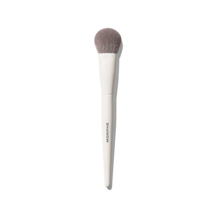 Morphe M204 Rounded Cream & Liquid Blush Brush with white handle labeled MORPHE and soft gray rounded bristles.