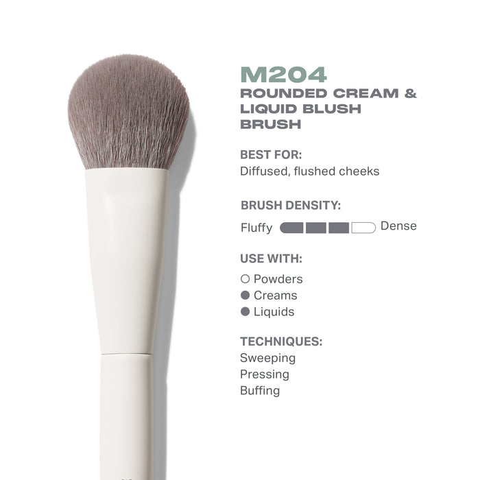 M204 Rounded Cream & Liquid Blush Brush infographic: Best For: Diffused, flushed cheeks — Brush Density: Fluffy to Dense — Use With: Creams, Liquids — Techniques: Sweeping, Pressing, Buffing.