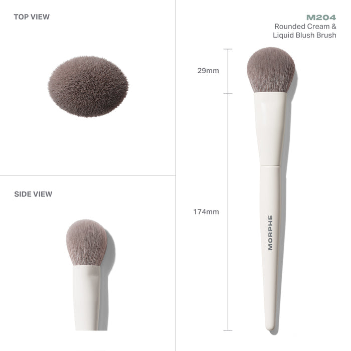 Morphe M204 Rounded Cream & Liquid Blush Brush infographic showing TOP VIEW, SIDE VIEW, and full-length view with measurements 29mm head width and 174mm total length.