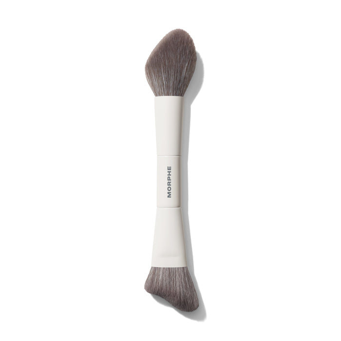 Morphe M240 Dual Ended Sculpt Brush with cream and powder ends, cream handle printed with MORPHE, on white background.