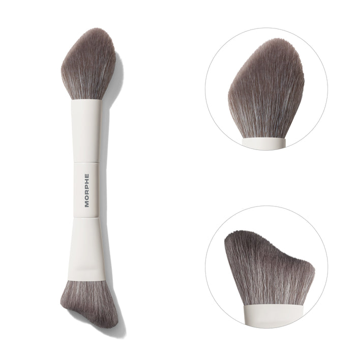 Morphe M240 Dual Ended Sculpt Brush with white handle engraved "MORPHE," showing close-ups of both rounded and angled brush ends.
