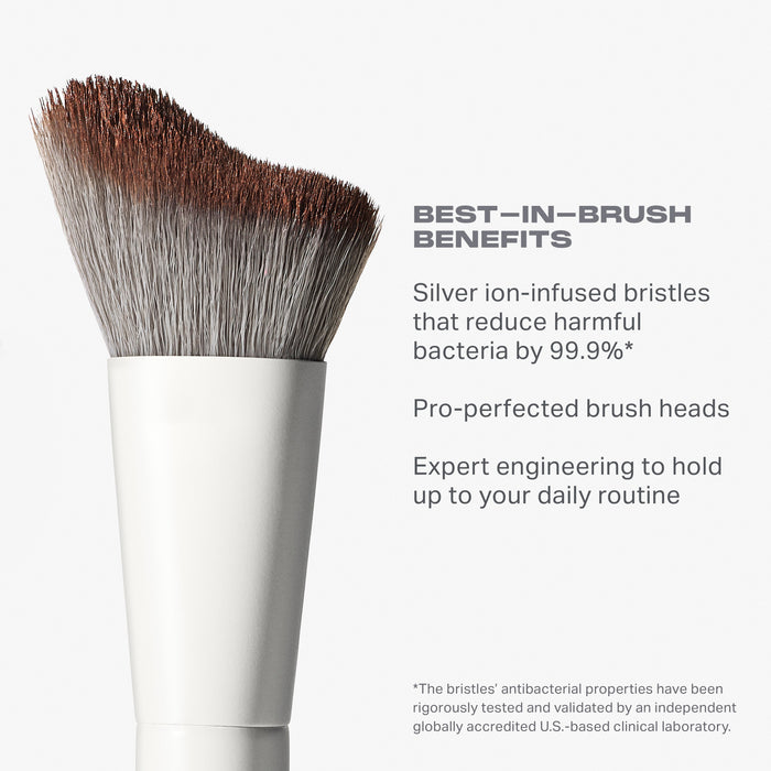 M240 Dual Ended Sculpt Brush benefits callout: BEST-IN-BRUSH BENEFITS — silver ion-infused bristles that reduce harmful bacteria by 99.9%*, pro-perfected brush heads, expert engineering to hold up to your daily routine.