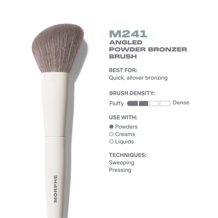 Morphe M241 Angled Powder Bronzer Brush infographic showing cream handle with MORPHE wordmark; Best For: Quick, allover bronzing; Brush Density: Fluffy to Dense scale; Use With: Powders; Techniques: Sweeping, Pressing.