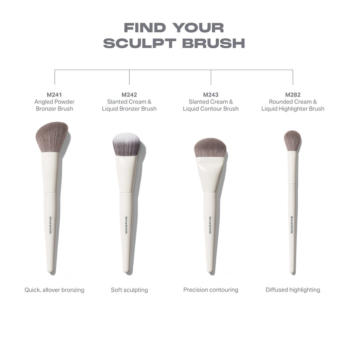 "FIND YOUR SCULPT BRUSH" infographic comparing four MORPHE brushes: M241 Angled Powder Bronzer Brush (Quick, allover bronzing), M242 Slanted Cream & Liquid Bronzer Brush (Soft sculpting), M243 Slanted Cream & Liquid Contour Brush (Precision contouring), and M282 Rounded Cream & Liquid Highlighter Brush (Diffused highlighting).