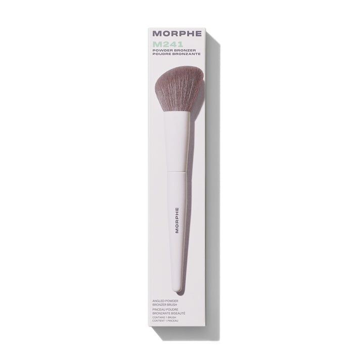 Morphe M241 Angled Powder Bronzer Brush in cream packaging labeled "MORPHE M241 POWDER BRONZER POUDRE BRONZANTE ANGLED POWDER BRONZER BRUSH PINCEAU POUDRE BRONZANTE BISEAUTÉ CONTAINS 1 BRUSH CONTIENT 1 PINCEAU."