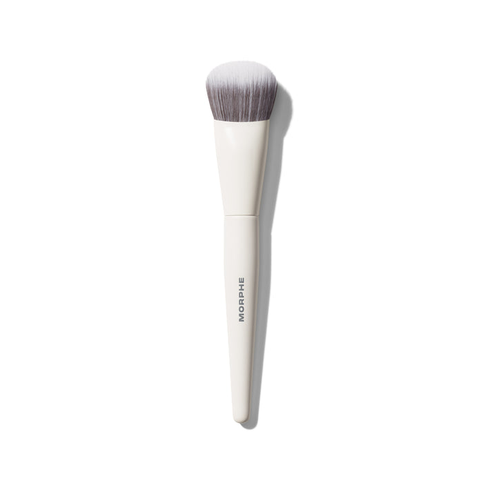 Morphe M242 Slanted Cream & Liquid Bronzer Brush with white handle stamped MORPHE and slanted gray taupe bristles.