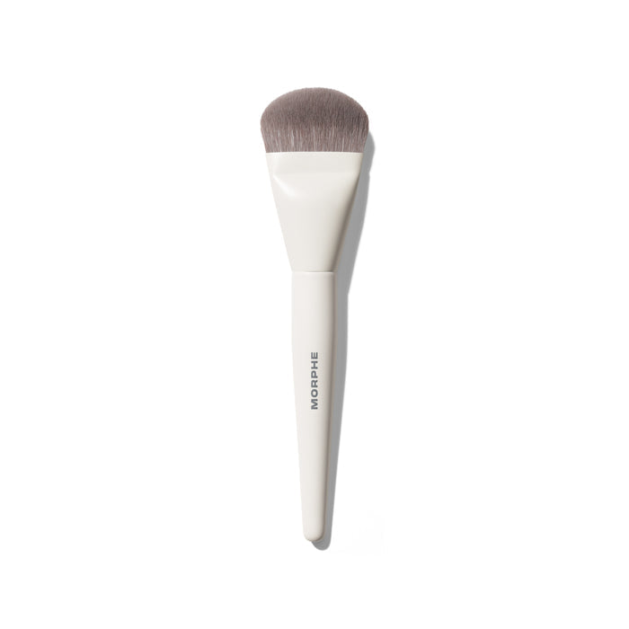 Morphe M243 Slanted Cream & Liquid Contour Brush with white tapered handle labeled MORPHE and slanted gray bristles.
