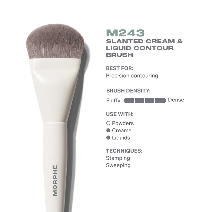 M243 Slanted Cream & Liquid Contour Brush infographic: Best For: Precision contouring | Brush Density: Fluffy to Dense | Use With: Powders, Creams, Liquids | Techniques: Stamping, Sweeping; MORPHE handle.