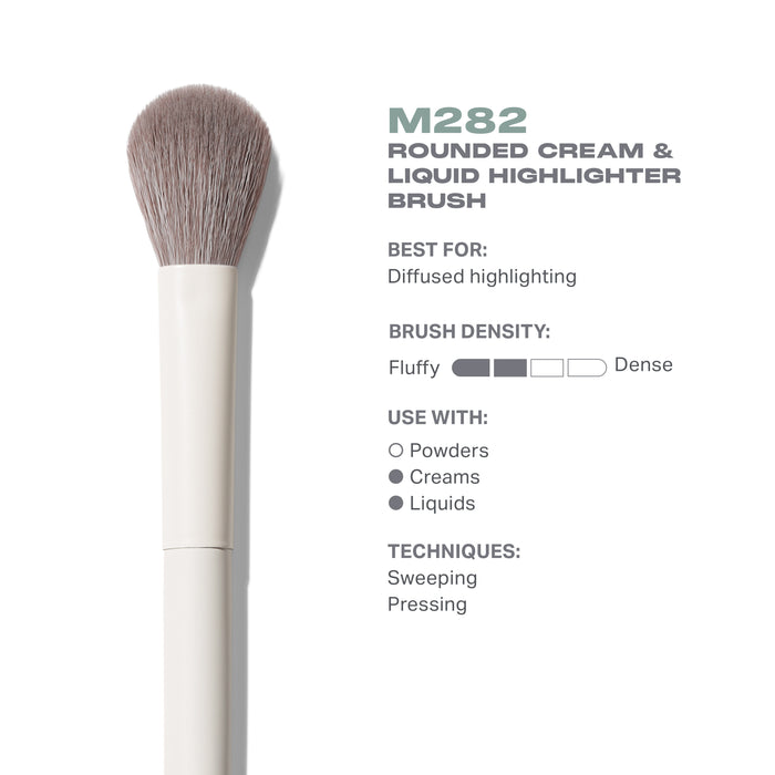 M282 Rounded Cream & Liquid Highlighter Brush infographic: Best For: Diffused highlighting; Brush Density: Fluffy to Dense; Use With: Powders, Creams, Liquids; Techniques: Sweeping, Pressing.