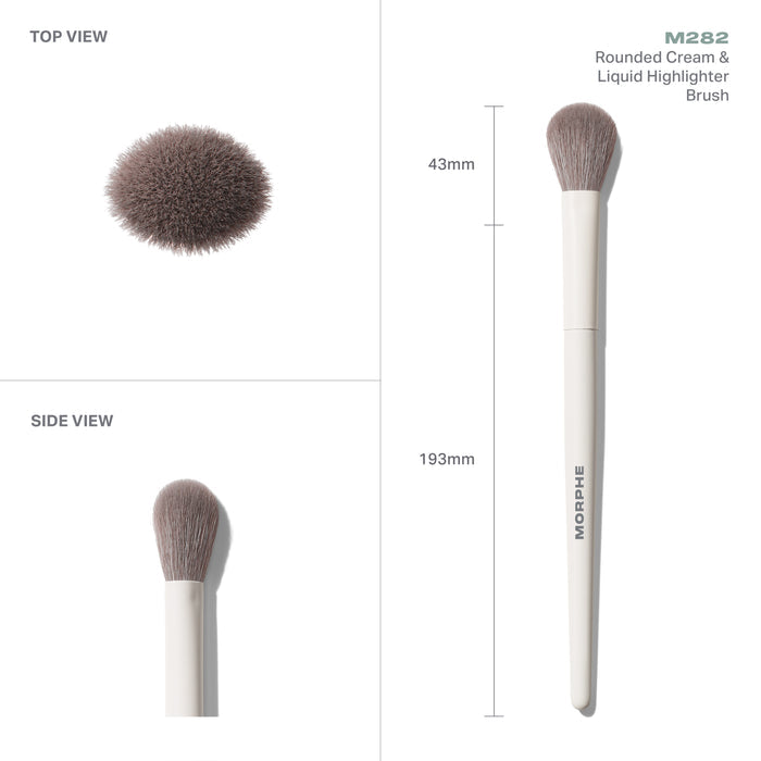 M282 Rounded Cream & Liquid Highlighter Brush infographic showing TOP VIEW and SIDE VIEW with measurements: 43mm round head, taupe bristles, white MORPHE handle, 193mm total length.