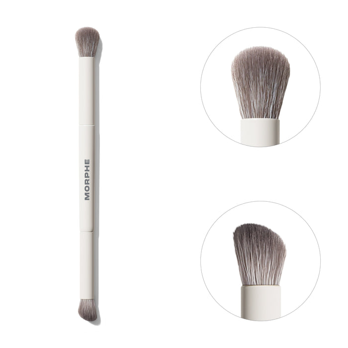 Morphe M300 Dual Ended Eyeshadow Brush with white handle showing both fluffy brush ends in close-up detail circles.