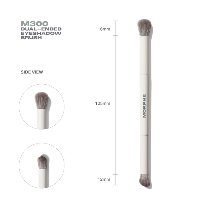 M300 Dual-Ended Eyeshadow Brush specs diagram showing MORPHE handle, side view of both brush ends, and measurements: 16mm top head, 125mm handle, 12mm bottom head.