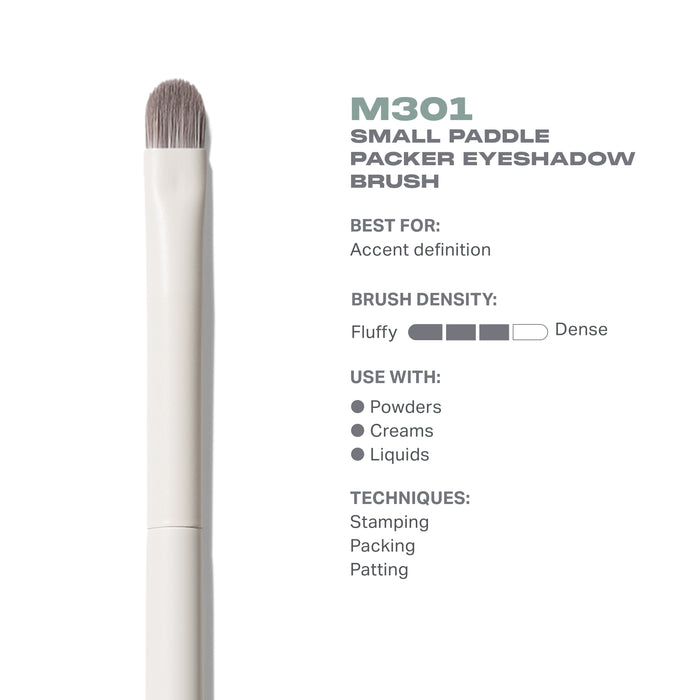 M301 Small Paddle Packer Eyeshadow Brush features: BEST FOR accent definition; medium-dense bristles; USE WITH powders, creams, liquids; techniques stamping, packing, patting.