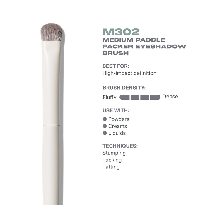 M302 Medium Paddle Packer Eyeshadow Brush features infographic: flat paddle shape, dense bristles, intense color packing.