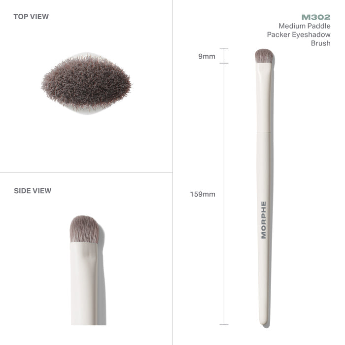 M302 Medium Paddle Packer Eyeshadow Brush measurements: 9mm paddle width and 159mm total brush length.