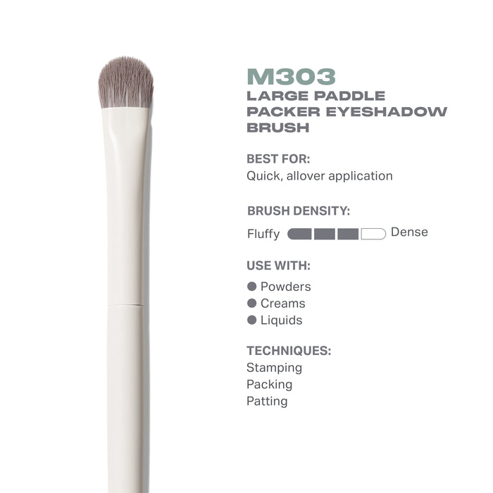 M303 Large Paddle Packer Eyeshadow Brush features infographic: wide flat paddle, densely packed bristles, bold color deposit.