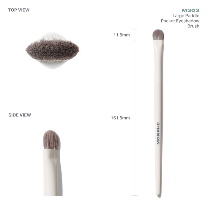 M303 Large Paddle Packer Eyeshadow Brush measurements: 11.5mm paddle width and 161.5mm total brush length.