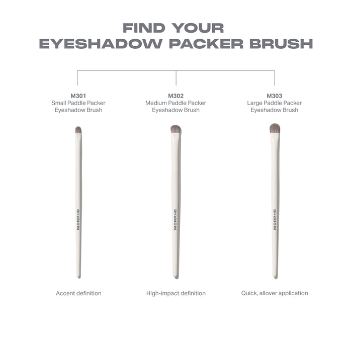 Eyeshadow Packer Brush family lineup featuring M303 Large Paddle Packer alongside other Morphe packer brushes.
