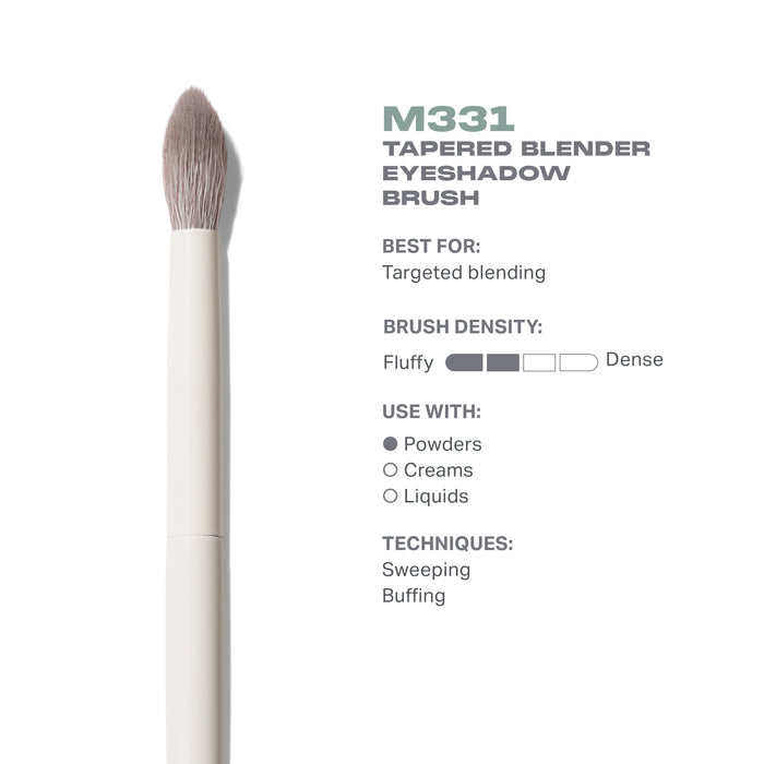 M331 Tapered Blender Eyeshadow Brush features infographic: ultra-soft tapered bristles, precision crease blending, vegan synthetic fibers.