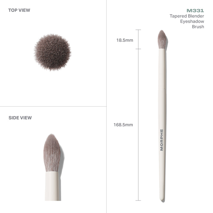 M331 Tapered Blender Eyeshadow Brush measurements diagram showing brush head dimensions and total length.