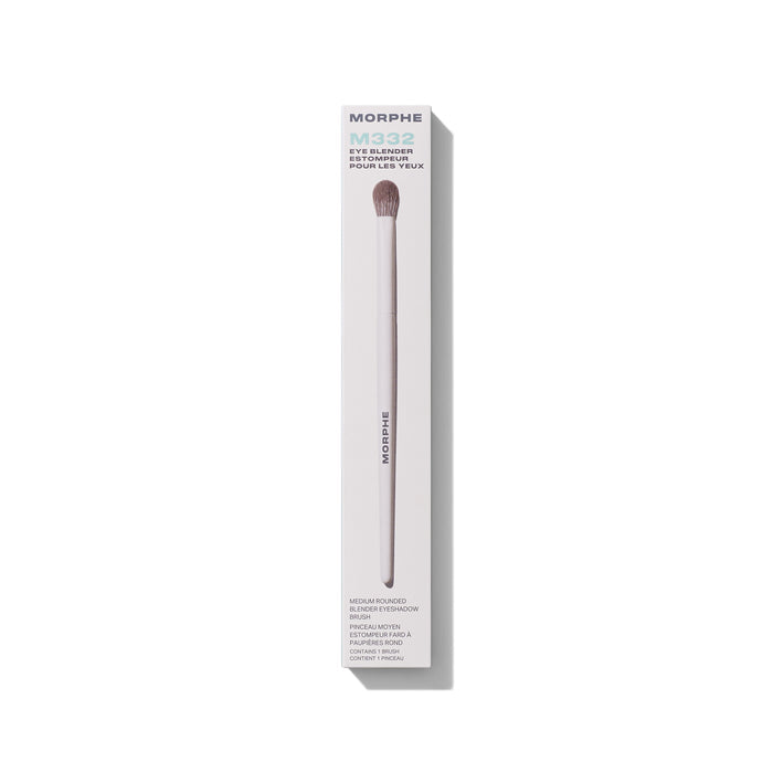 M332 Medium Rounded Blender Eyeshadow Brush displayed beside its cream MORPHE retail box for crease blending.