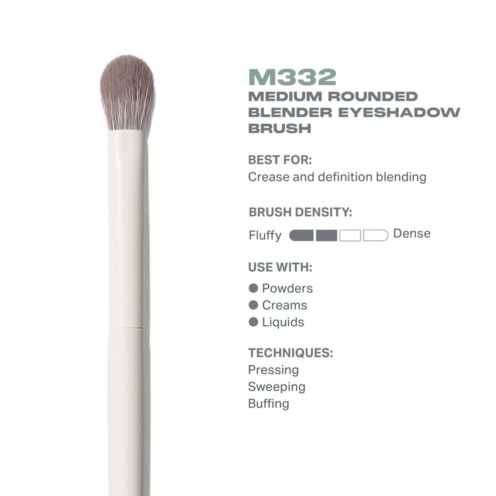 M332 Medium Rounded Blender Eyeshadow Brush features infographic: ultra-soft rounded dome, seamless blending, vegan synthetic fibers.