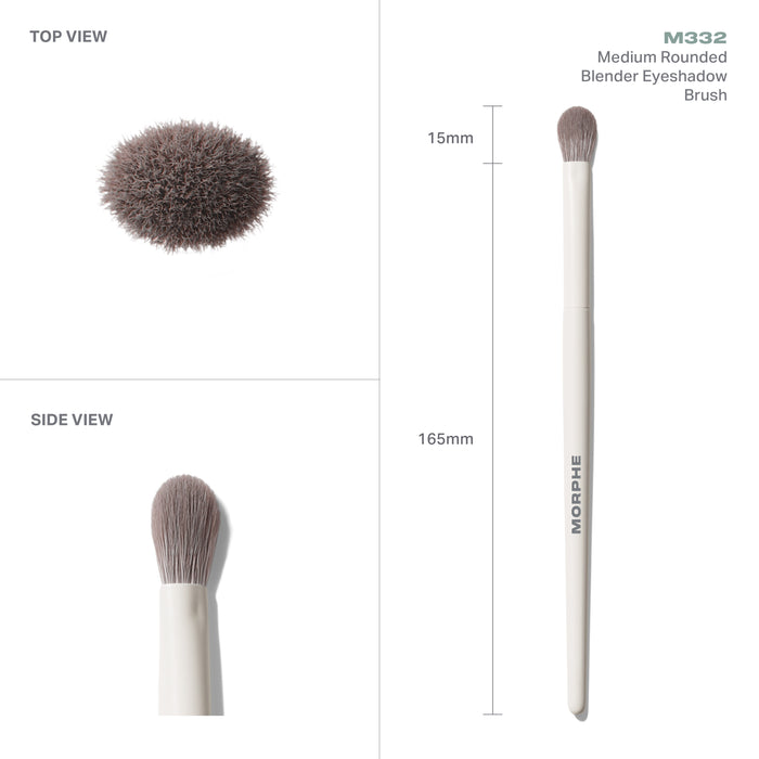 M332 Medium Rounded Blender Eyeshadow Brush measurements: 15mm rounded dome and 165mm total brush length.