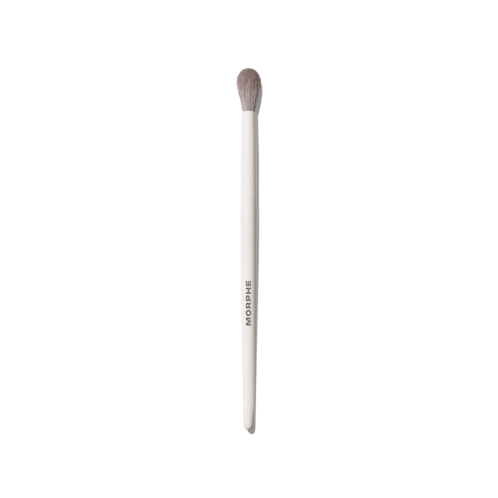 M333 Large Rounded Blender Eyeshadow Brush with cream MORPHE handle and fluffy rounded taupe head on white background.