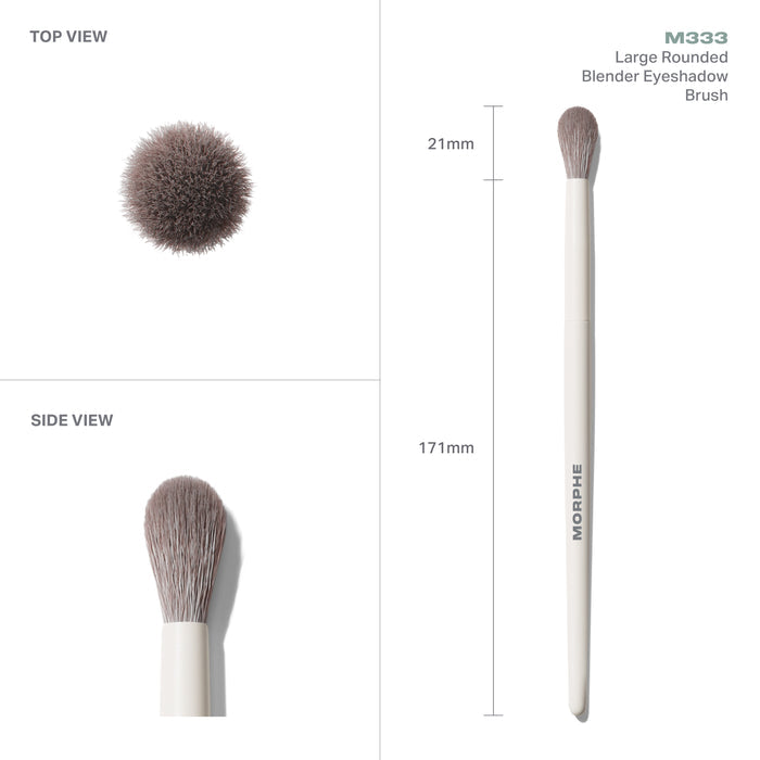 M333 Large Rounded Blender Eyeshadow Brush measurements showing top and side views, 21mm rounded head, 171mm length, MORPHE handle.