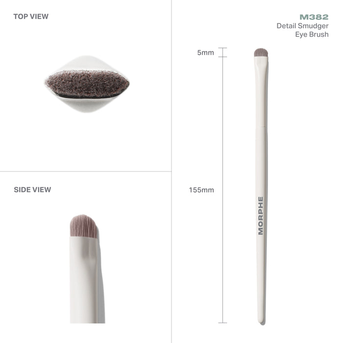 M382 Detail Smudger Eye Brush measurements showing top and side views, 5mm brush head, 155mm length, cream MORPHE handle.